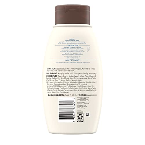 Aveeno Skin Relief Fragrance-Free Body Wash with Triple Oat Formula, Gentle Daily Cleanser for Sensitive Skin Leaves Itchy, Dry Skin Soothed & Feeling Moisturized, Sulfate-Free, 12 fl. oz