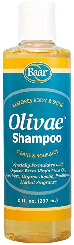 Baar Olivae Shampoo Organic Olive Oil Formula Nourishes Hair while Cleaning. Aloe Vera, Jojoba Oil, and Proteins Repair Damaged Hair, Help Thicken, and Adds Body to All Hair Types. 8 ounces.