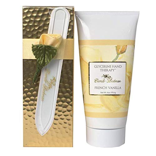 Camille Beckman Romantic Manicure Gift Set, French Vanilla, Glycerine Hand Therapy 6 oz, Premium Crystal Nail File