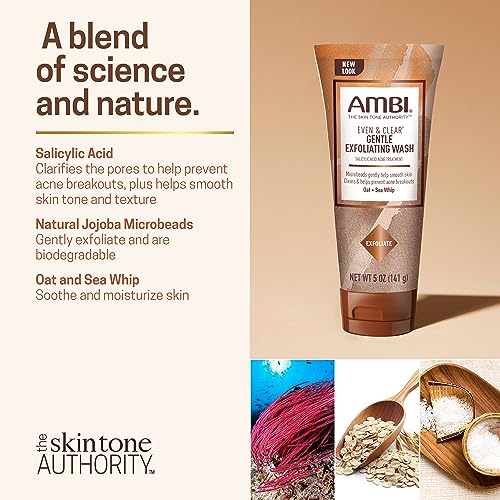 Ambi Even & Clear Gentle Exfoliating Wash I With Oat and Sea Whip | Salicylic Acid Acne Treatment | Helps Clear & Prevent Breakouts | Exfoliates to Help Smooth Skin Tone & Texture | 5 Ounce