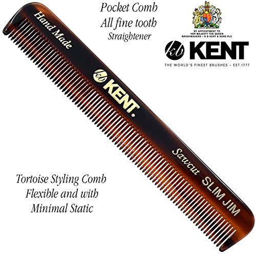 Kent Slim Jim Handmade All Fine Tooth Pocket Comb for Men, Hair Comb Straightener for Everyday Grooming Styling Hair, Mustache and Beard, Use Dry or with Balms, Saw Cut Hand Polished, Made in England