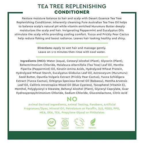 Desert Essence Tea Tree Replenishing Conditioner - 12.7 Fl Ounce - Peppermint & Yucca - Eucalyptus Oil - Vitamin E - Keratin - Murumuru Butter For Dull, Damaged Hair - Reduces Hair Breakage & Flaking